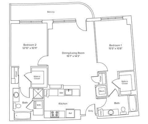 Floor plan for 2 beds, 2 baths, 1140 sqft